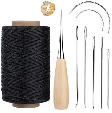 SUVSOON 273 Yards Leather Waxed Thread Kit, Upholstery Repair Waxed Thread Sewing Kit Including Stitching Needle Awl Thimble, Sewing Set for Leather Carpet Sofa Seat Shoe Repairing (Black)