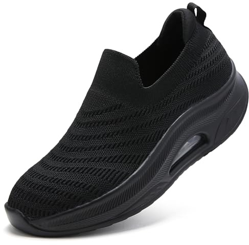 Trainers for Women Black Slip On Shoes Ladies Memory Foam Arch Support Plantar Fasciitis Orthopedic Shoes Air Cushion Comfort Sock Platform Wedge Shoes Gym Sneaker All Black UK 8