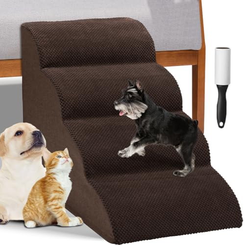 BAKAJI Escalera para Mascotas con 4 peldaños y Rodillos, Revestimiento extraíble de Tejido Acanalado, rampa para Gatos y Perros Mayores, Escalera Acolchada de Espuma de Alta Densidad (marrón)