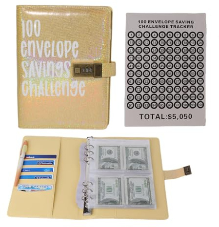 FineInno 100 Envelope Challenge Binder, pengar spara utmanande bok med sedelkuvert, PU-läder budget, planner bok för kontanter spara hushållsbok