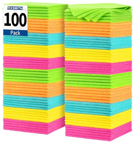 FIXSMITH Microfiber Cleaning Cloth, 100 Pack Shop Towels, Lint-Free Car Wash Towels, All-Purpose Absorbent Cleaning Rags for Housekeeping, Dust Cloth for Office, Mechanic, Automotive （12inx12in）