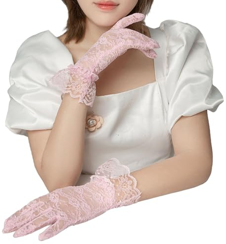 Blausky 1 par spetshandskar, eleganta bröllopshandskar, sommar solskydd handskar, spetsar brudhandskar, brudhandskar, brudhandskar, korta spetshandskar, stretchhandskar, rosa