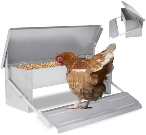 ORHEYA 5KG Automatischer Futterautomaten Hühner mit Pedal Füßen und Decke Wasserdicht und Rattensicher aus Verzinkter Stahl Futtertröge Futterspender Futtertrog Hühnerfutterautomat für Geflügel