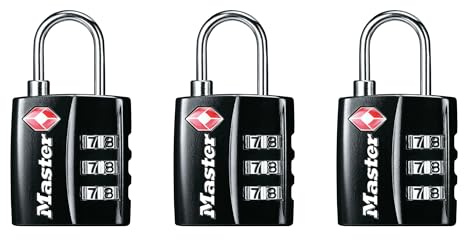 Master Lock Black TSA-Approved Luggage Lock with Wide Lock Body and Thin, Durable Steel Shackle, Zipper Lock for Backpacks, Luggage, 3 pk, 4680BLKEC3