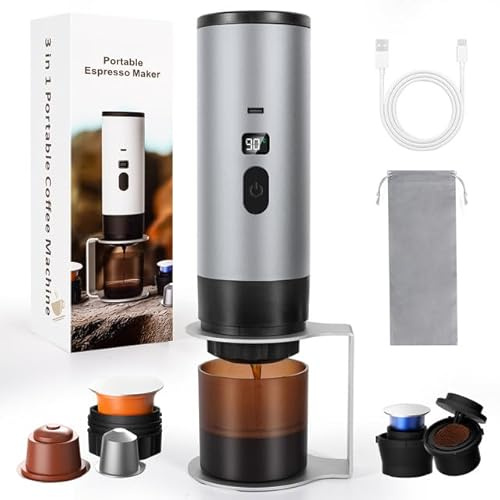 SOPPY Tragbare Kaffeemaschine mit Kaffee Tropfständer, Espressomaschine Camping Mini Kaffeemaschine, Kapselmaschine Selbsterhitzung kompatibel mit gemahlenem Kaffee & Kaffeekapseln, Grau