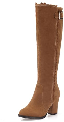 LarDorLin Mujer Clásica Tacón Ancho Knee High Equestrian Botas de Montar Comodo Punta Rojoonda Invierno Warm Gamuza Cuero Booty Hebilla Amarillo Talla 51 EU (53 Cn)