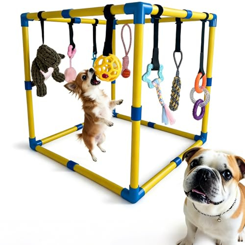 Pwvivjoi Gimnasio de juego para cachorros, juguetes de enriquecimiento para cachorros para mantenerlos ocupados, 9 juguetes colgantes desmontables/reemplazables, juguetes para perros para diversión y