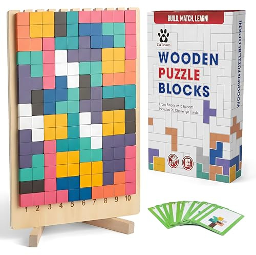 Montessori Träpussel Tetris-stil – 42 Pedagogiska Block med Numrerad Bricka (1-10) & 10 Dubbelsidiga Utmaningskort, Logikspel för Barn 3-5 År, Finmotorik & Matteträning