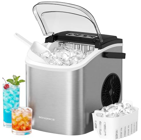 SONGMICS Ice Maker Countertop, Ice Cube Machine with Self Cleaning, 6 Minutes 9 Cubes in 2 Sizes, 12 kg in 24 h, Portable for Kitchen Home Office Dorm Party Camping, Silver Grey XZB001E1UK