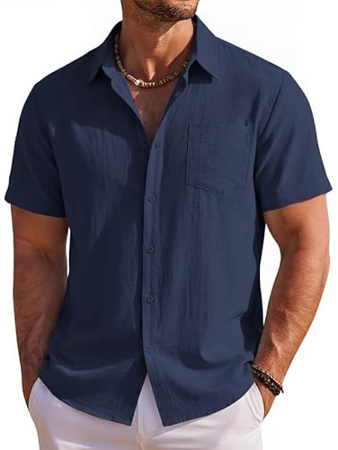 Elainone Mens Short Sleeve Summer Shirts Linen Casual with Pockets | Soft and delicate,Dry and breathable,long-lasting,No need for frequent ironing,Holiday Beach Leisure vacation,Solid