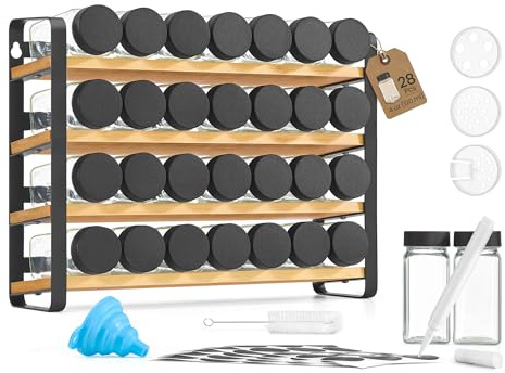 SONGMICS Étagère à Épices à 4 Niveaux, avec 28 Pots en Verre, Organisateur de Cuisine, Porte-épices, avec Étiquettes, Entonnoir, Marqueur, Brosse, Noir d’Encre et Bambou Naturel KCS064B101