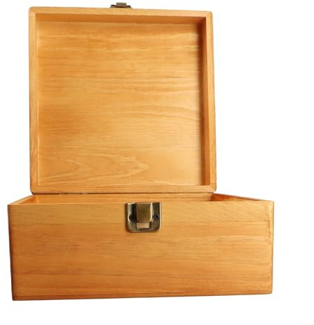Caja de almacenamiento de madera de pino maciza con tapa abatible rectangular, bordes y esquinas lisos, cerradura de metal retro, adecuada para almacenar artículos de oficina o personales (M: 19,5 x