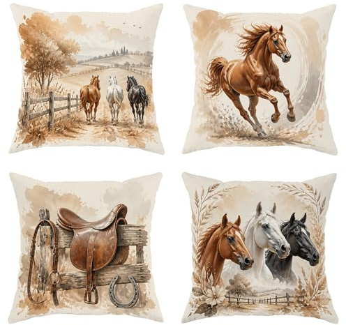 Set di 4 federe per cuscini con cavallo, rustiche, con sella, staccionata, marrone, morbido velluto, lavabile, decorative, per casa, camera da letto, soggiorno, divano, 30,5 x 30,5 cm