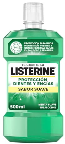 Listerine Protección Dientes y Encías Sabor Suave (1x500 ml), enjuague bucal 0% alcohol, colutorio sin alcohol con 24 horas de protección, elixir bucal para un aliento fresco duradero