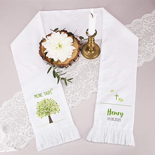 Striefchen® Personalisierter Taufschal mit 116 cm lang Weiß - Lebensbaum Grün