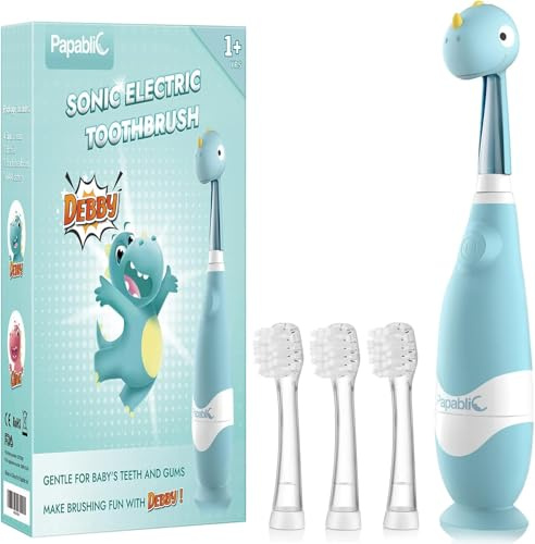 Papablic Cepillo de dientes eléctrico sónico para niños de 1 a 3 años, cepillo de dientes eléctrico para bebés con bonita cubierta de dinosaurio y temporizador LED inteligente, 4 cabezales de cepillo