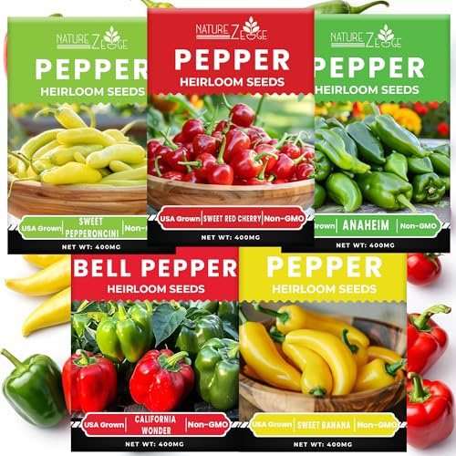 Sweet Pepper Seeds for Planting, Sweet Banana Pepper Seeds, Pepperoncini, Sweet Cherry Pepper Seeds, California Wonder Bell Pepper, and Anaheim, Heirloom Pepper Seed Assortment, Non-GMO