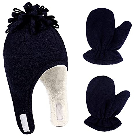 LACOFIA Cappellini Beanie e Manopole Caldo Pile per Neonato Berretto da Pilota Invernale con Paraorecchie e Guanto da Bambino Blu Marino 1-3 Anni