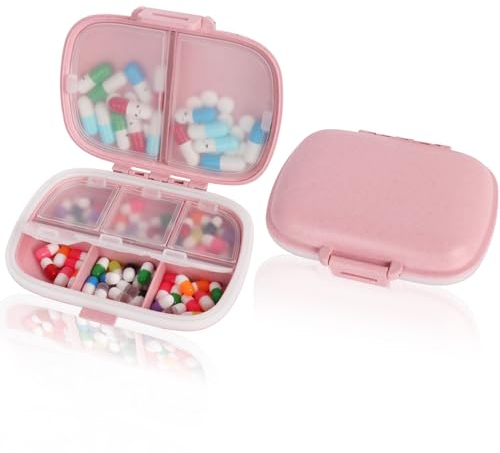 2 Stück Tablettenbox, 8 Fächer Pillendose Klein Mit Dichtung Ring, Tragbarer Medikamentenbox Für Reise Tägliche Gebrauch Mit Schnalle Herausnehmbare Trennwand (Rosa)