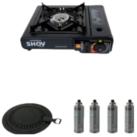 SHOV Gaskocher Campingkocher klein mit 4 Gaskartuschen inklusive Grillaufsatz und Tragekoffer/Aufbewahrungskoffer 2,2KW in schwarz