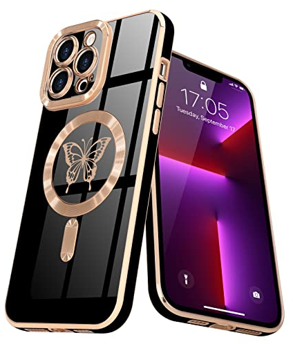 Lafunda Magnetisch Hülle für iPhone 13 pro max Handyhülle Schutzhülle Kamera-Vorsprung Case Schmetterling Vergoldung Glitzer Mädchen Stoßfest Cover für iPhone 13 pro max Schwarz
