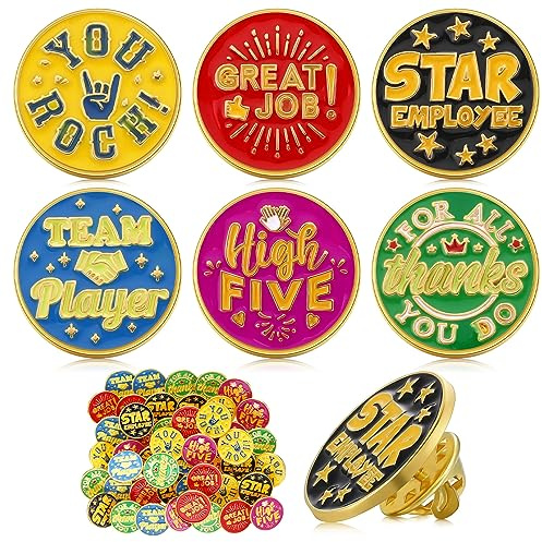 Zeyune 48 Pcs Recognition Pins Employee of The Month Lapel Pin 3/4 Inch Employee Appreciation Pins Team Gift for Award Employees Staff Bulk(Reward Style)