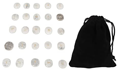 UPQRSG 25 Pezzi Set di Pietre Rune Naturali, Set di Cristalli Magici con Alfabeto Anziano Lucido Inciso, Squisite Rune Che Intagliano Pietre di Meditazione per Meditazione(Cristallo Bianco)