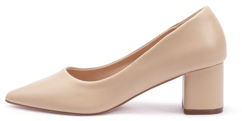 GENSHUO Damen Spitz-Zehen Pumps, Eleganz für Büro und Alltag, 6 cm Blockabsatz, Beige, 38.5 EU