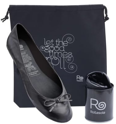 Rollasole Ballet Pumps –Back to Black - Rollable Flat Shoes for Women – Stylish Roll Up Slip on Ballet Flats (UK Footwear Size System, Adult, Women, Numeric Range, Medium, 7, 8)