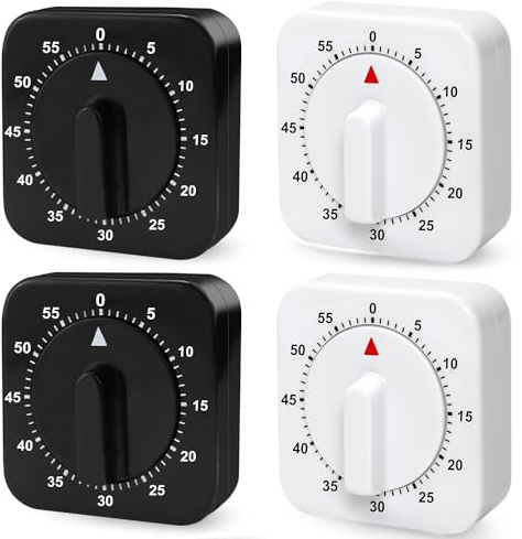 Nizirioo Mekanisk kökstimer korttidsmätare analog 4 stycken äggklocka 60 minuter mekanisk kökstimer, kortvarig väckarklocka funktion för hushåll matlagning sport studier (vit x 2, svart x 2)