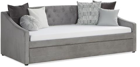 Homestyle4u 2594, Sofa Couch Schlafsofa mit Bettkasten Ausziehbar Schlafcouch Cord Grau Polsterbett 90x200 cm Gästebett Tagesbett