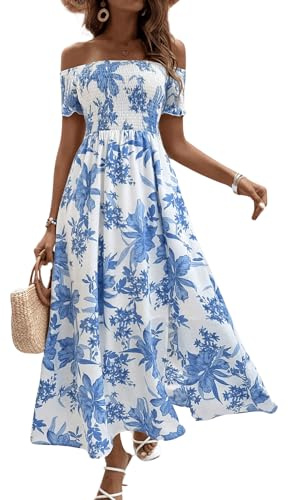 Floerns Women's Boho Ditsy Floral Print Off Shoulder Short Sleeve Split Maxi A Line Dress Blue Plant Medium