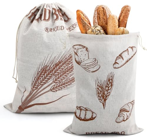 Lot de 2 Sacs à Pain Réutilisables en Lin et Coton - 40x30cm, Conservation et Stockage Avec Cordon de Serrage Pour Pain Fait Maison et Baguette