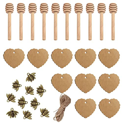 Butyeak Miele ​Bastoncini in Legno, Cucchiaio Miele, Lnclude 10 api in Bronzo, 10 Etichette in Carta Kraft e 2 Metri di Spago di Iuta, Regali Natale