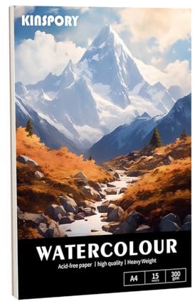 KINSPORY Aquarellpapier, 300g/m2, Aquarellpapier Block 15 Blatt, A4-21 x 29.7cm, Wasserfarben Papier