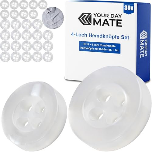 Knöpfe Set, für Hemden und Blusen, 30 Stück, 4-Loch, Ø 11 + 8 mm, in Klar, aus Kunstharz, Größe 18L + 14L, Harzknöpfe für Jacke, Mantel, Hemd, Bluse, Poloshirt, DIY Knopf Polyester, Wäscheknöpfe