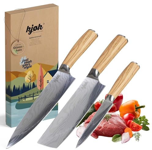 kjøk Set di Coltelli da cucina professionali trincianti durezza 58±2 HRC coltelli da cuoco asiatici tipo Damasco giapponese manico in legno d’olivo composto da coltello nakiri, da chef 20cm e 13cm