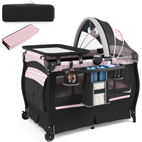 COSTWAY 4 in 1 Lettino Neonato con Materasso, Culla da Campeggio con Fasciatoio Cappottina Regolabile, Ruote Bloccabili, Box Piechevole per Bambini 0-36 Mesi (Fiore Grande)