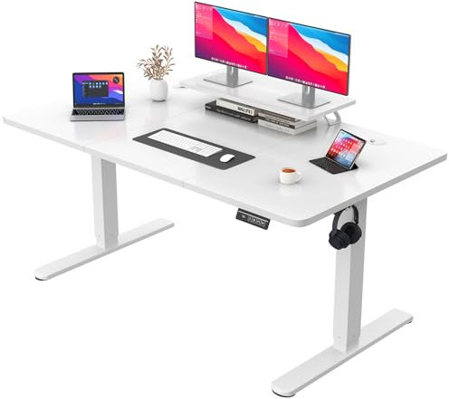 JUMMICO Höhenverstellbarer Schreibtisch mit Monitorständer, Elektrisch Schreibtisch Steh-Sitz, Standing Desk,160 x 70cm, Weiß