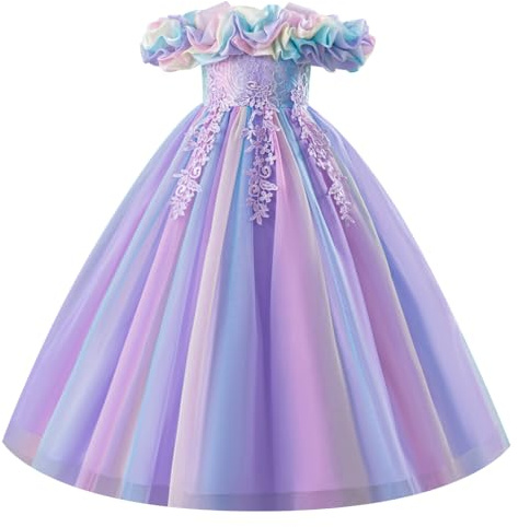 EFOGEP Girls Party Dress Flower Girl Tulle Tutu Princess Dresses | Embroidery Cold Shoulder Prom Gown for Pageant Birthday Wedding Party Bridesmaid