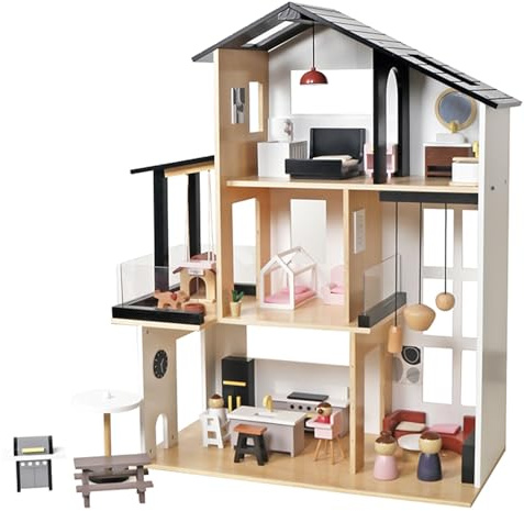 Casa de muñecas de madera, moderna villa urbana con 49 piezas, juego de muebles, frente abierto con 3 plantas jugables y exterior