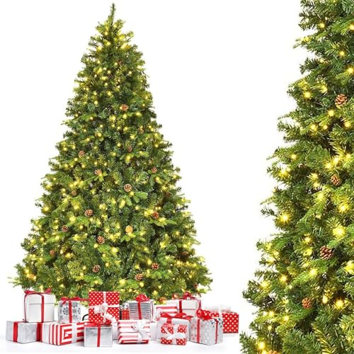 GYMAX Sapin de Noël Artificiel 210cm Lumineux LED, 925 Branches Touffu Vert avec Pommes de Pin Décoratives, 460 Lumières Blanc Chaud, Support Métallique, Construction en Sections à Charnière