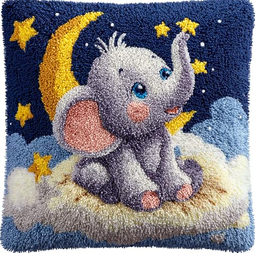 Taxpy Latch Hook Kits Pillow Printed Canvas DIY Baby Elephant Looking Up at The Stars 17X17 Inch Handmade Cushion Crochet Yarn Embroidery Needlework Hook Latch Kit Pillowcase Rug Cover Christmas H