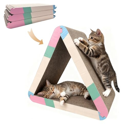 JUNGLE WELL Triangle Cat Scratcher Board, 3-Pack Reversible Cardboard Scratch Pads Forming Stable Tri-Shape, Heavy-Duty Corrugated Scratcher for Indoor Cats Resting, Playing & Protecting Furniture