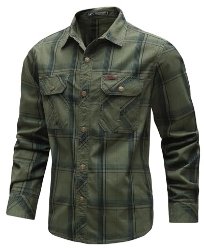 CoXuantion Camisa para Hombre Manga Larga Cuadros Casual Algodón Shirt Transpirable Vintage Camisa Regular Fit con 2 Bolsillos para Senderismo Caminar y Viajar