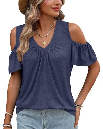 Tee Shirt Femme Col V Haut Été Chic Élégant Épaule Dénudée Manches Courtes T Shirt Ample Plissé Tunique Décontracté Confortable pour Quotidien Top Basique