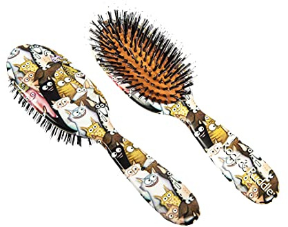 Rock & Ruddle Natural Mixed Boar Bristle Hair Brush for Women and Kids (Small/Travel Size, 17.5cm) - Perfect for Wet or Dry Hair, Detangling Smoothing Blowdrying - Made in UK - Cats & Dogs Design