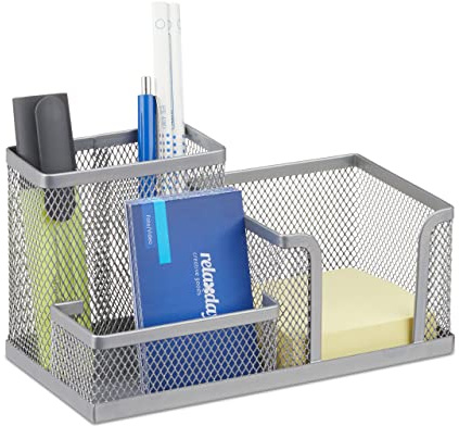 Relaxdays Desk Organizer, Stationary Tray with Pen Holder & Note Box, HWD: 10x18.5x9.5 cm, Silver
