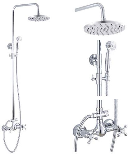 GGStudy Chrom-Regenduschsystem-Set, 2 Knöpfe, Mischen, 20,3 cm, runder Regenduschkopf mit Handbrause, Badezimmer, Dusche, Wasserhahn