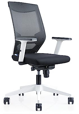 Rocada Silla Operativa Modelo 908W-4 68x100-109x68cm Blanco y Negro | Silla ergonómica blanca y negra con tela ignífuga, espuma inyectada, respaldo de malla y brazos regulables para uso diario.